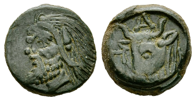 Pantikapaion AE18, head of Satyr / bull's head