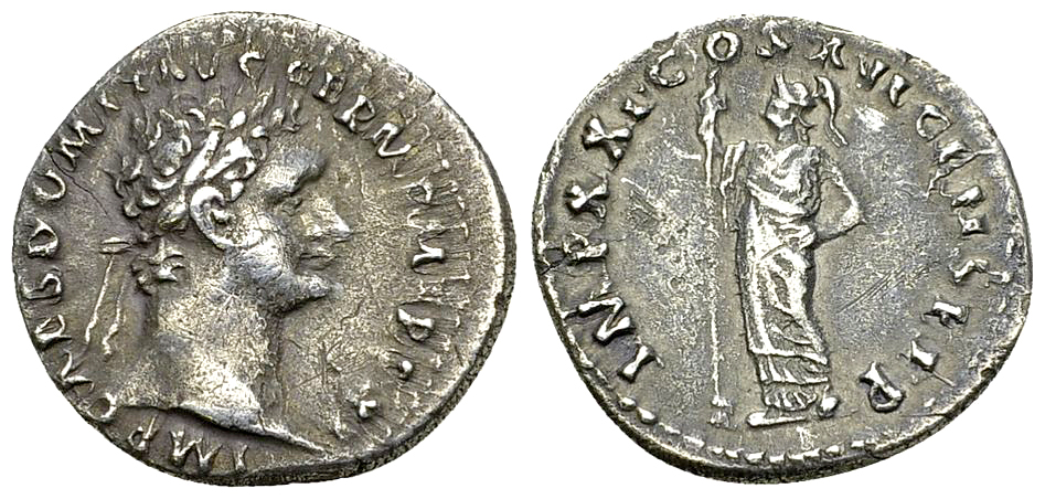 Domitianus AR Denarius, Minerva reverse