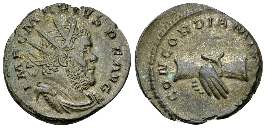 Marius silvered AE Antoninianus, Clasped hands reverse