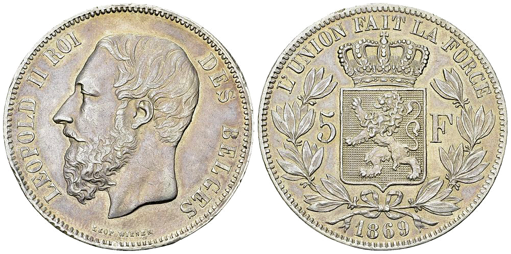 Leopold II AR 5 Francs 1869
