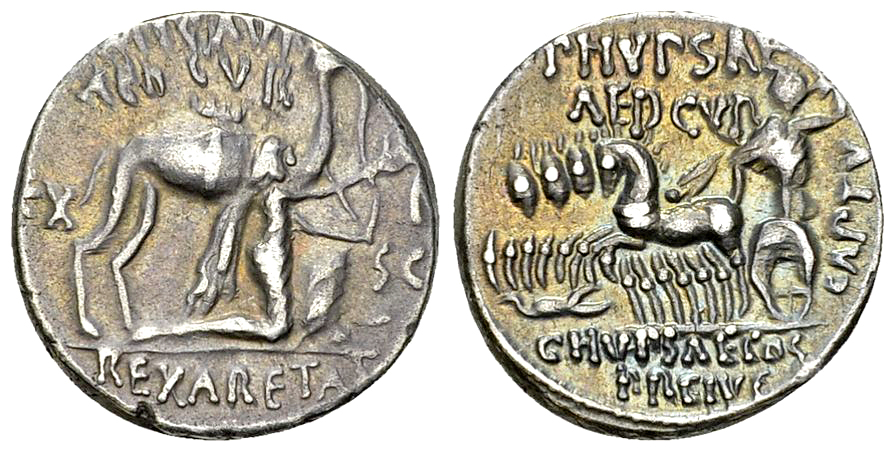 M. Aemilius Scaurus and P. Plautius Hypsaeus Denarius, 58 BC