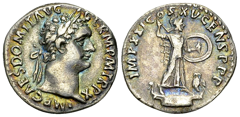 Domitianus AR Denarius, Minerva reverse