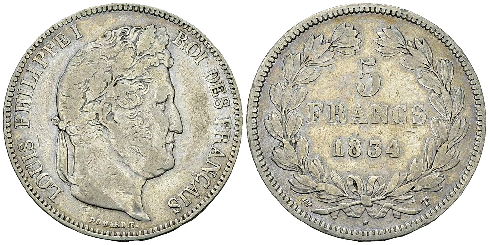 Louis-Philippe I, AR 5 Francs 1834 T, Nantes