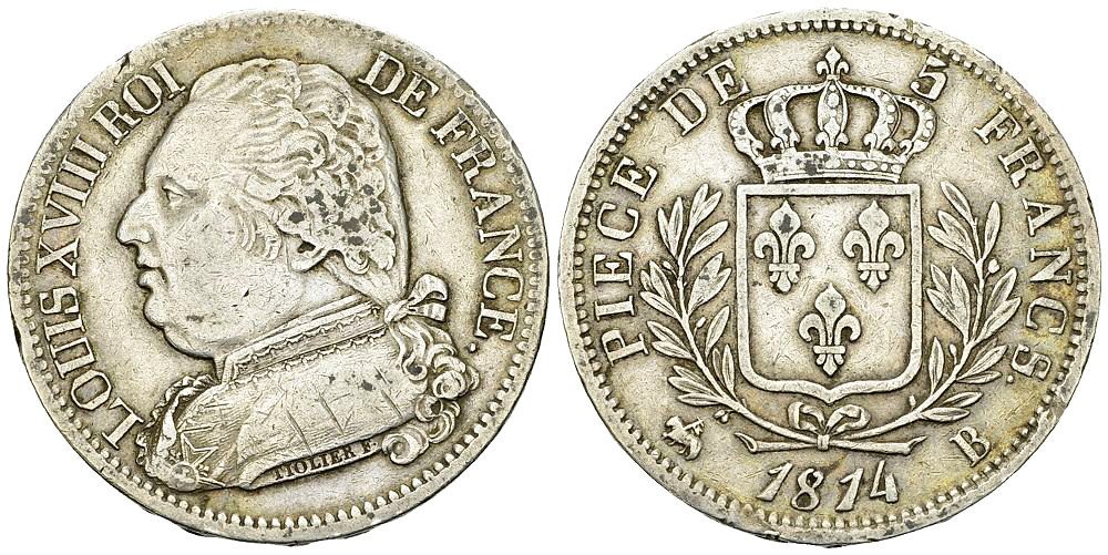 Louis XVIII, AR 5 Francs 1814 B, Rouen