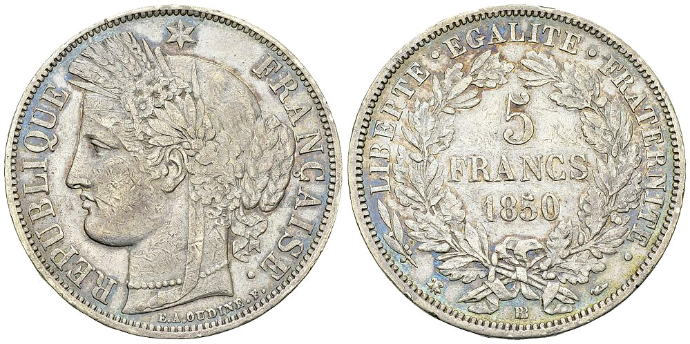 France, AR 5 Francs 1850 BB, Strasbourg