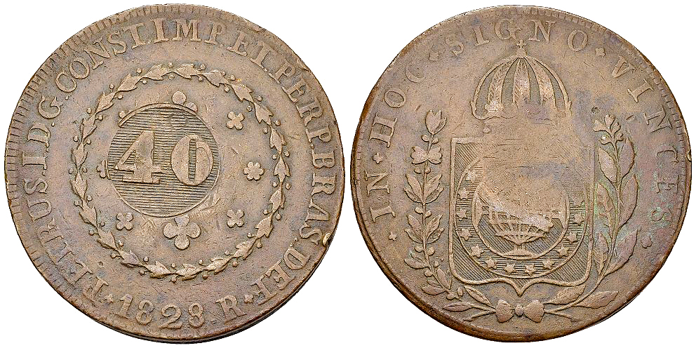 Brazil AE 40 Reis, countermarked on 80 Reis 1828 R, Rio