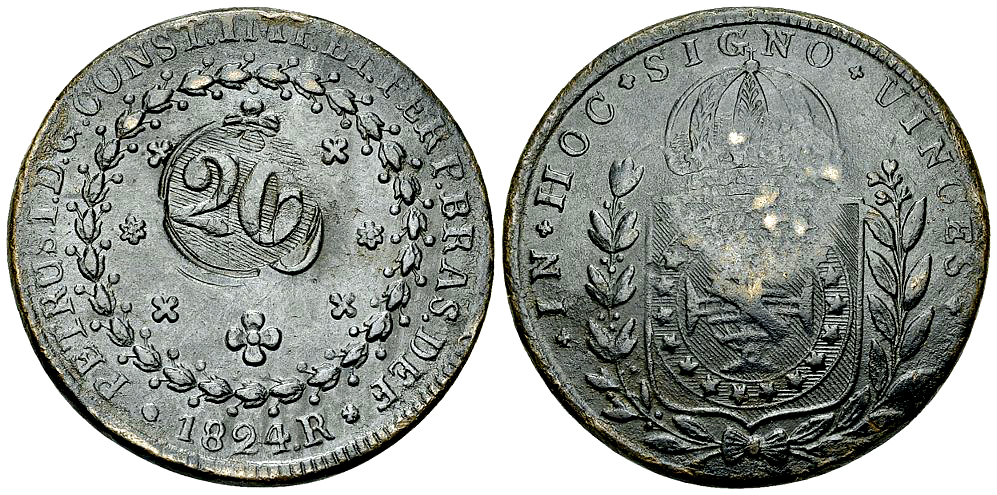 Brazil AE 20 Reis, countermarked on 40 Reis 1824 R, Rio