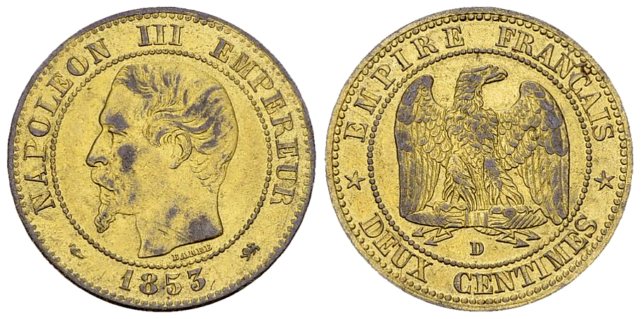 Napoléon III, AE 2 Centimes 1853 D, Lyon