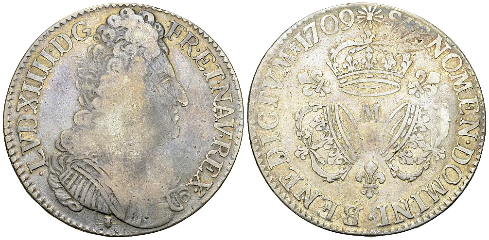 Louis XIV, AR Ecu aux trois couronnes 1709 M, Toulouse